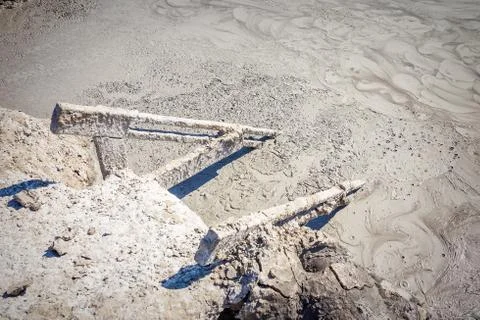 Descent into the mud bath, mud volcano at Krasnodar state, Russia Stock Photos