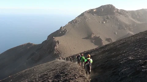 The descent from the Stromboli volcano, Aeolian islands in Sicily Stock Footage