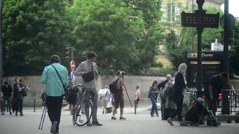 Descent into the underground Metro Station Exit on Street of Paris Stock Footage 76188997