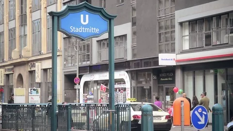 Descent into the underground Metro U-Ban Station Exit on Friedrichstrasse Berlin Stock Footage 81975799
