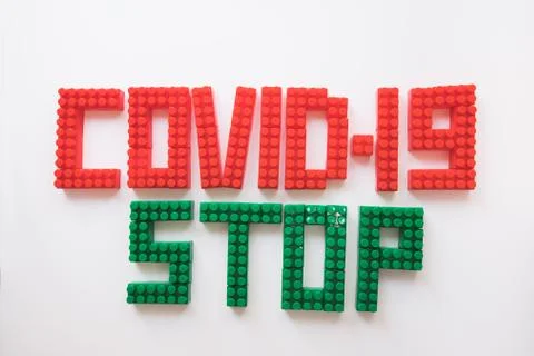 Description covid-19 of the constructor blocks on the white background Stock Photos