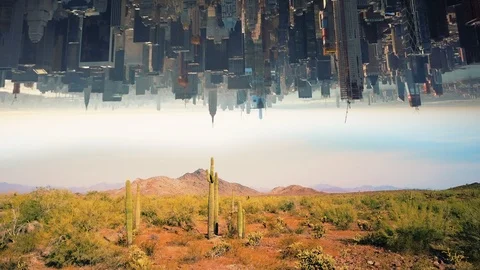 Desert and Upside down City Fantasy Concept 4k Stock Footage 87308913