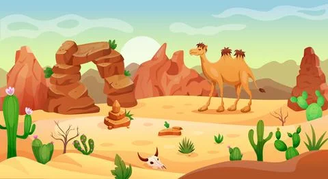 Desert background. Game western landscape. Wild dry road. Cartoon rock scener Stock-Illustration