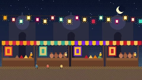 Desert bazaar at night with hanging lanterns Stock Footage 348648429