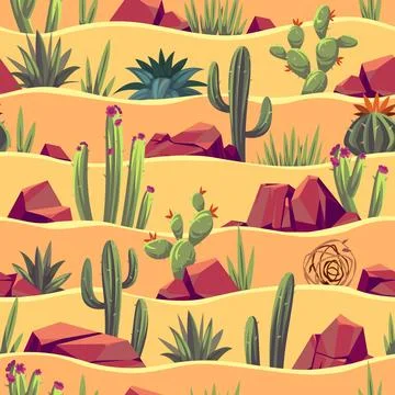Desert cacti seamless pattern. Cartoon plants and rocks with sandy landscape Stock Illustration
