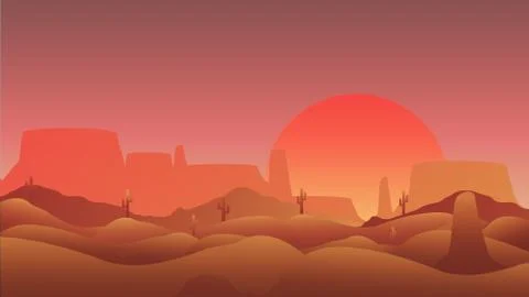 Desert with Cactus and Mesa  - Vector Illustration. Stock Illustration