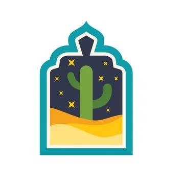 Desert cactus at night through arabian window frame Stock Illustration