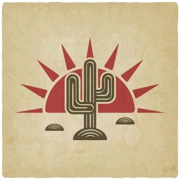 Desert cactus at sunset old background Stock Illustration