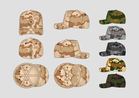 Desert Camouflage Baseball Cap Technical Flat Sketch Set, Multi-View Illustration