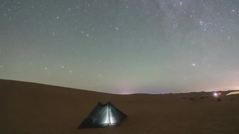Desert camp under starry night sky with Milky Way Stock Footage 345369340