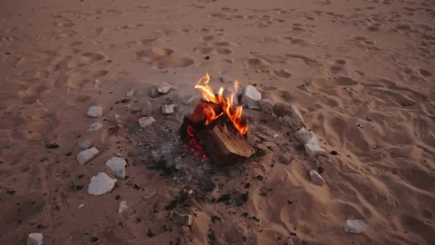 Desert Campfire with Burning Log and Chalk Rocks at Dusk in White Desert Egypt Stock Footage 341995368