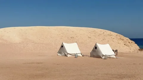 Desert Camping Tents on Sandy Dune near Sea Coast 스톡 동영상 341839929