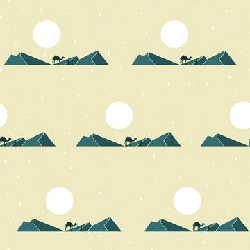 Desert caravan seamless pattern. Minimalist landscape with green mountains. A Stock Illustration