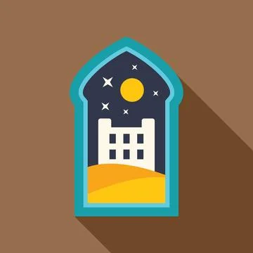 Desert castle at night seen through oriental arch window Stock Illustration
