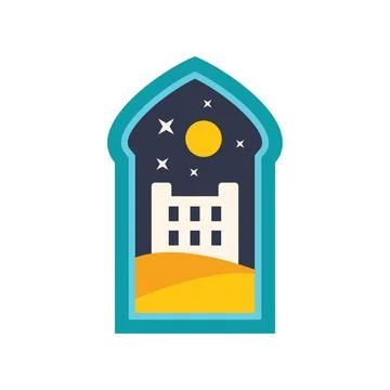 Desert castle at night seen through arabic arch window Stock Illustration