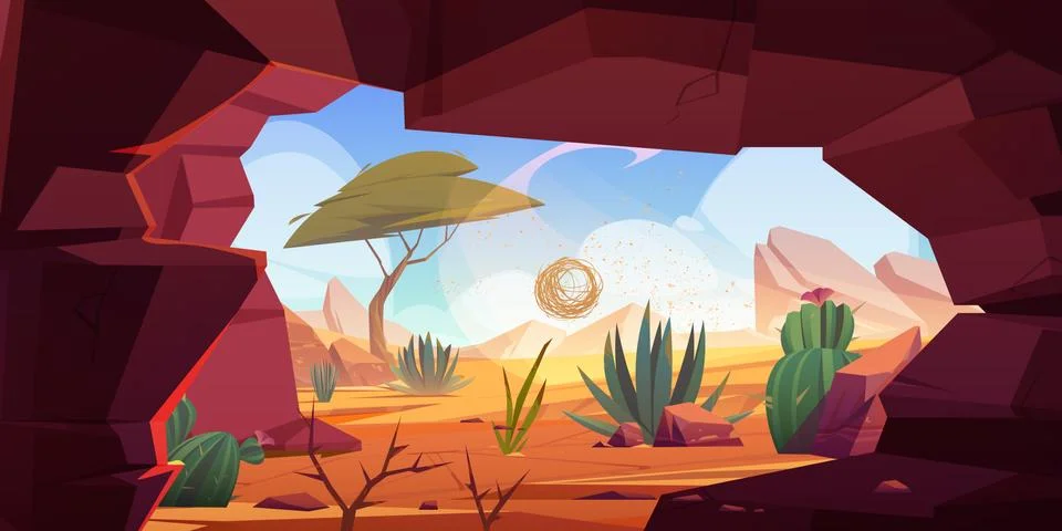 Desert cave entrance, hole in rock with cacti Stock Illustration