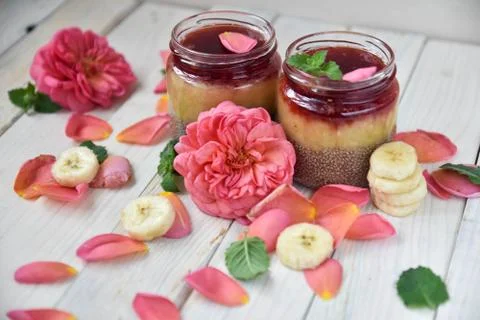 Desert chia pudding. tea rose with banana. art soft focus Stock Photos