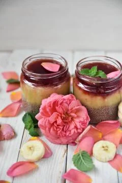 Desert chia pudding. tea rose with banana. art soft focus Stock Photos