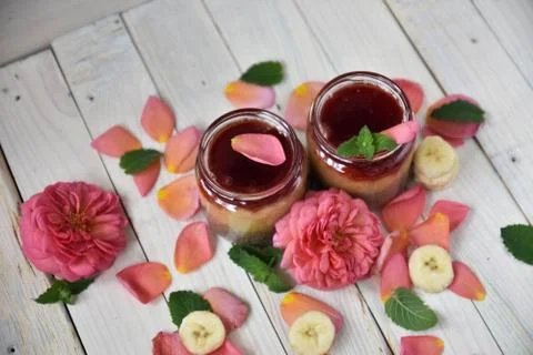 Desert chia pudding. tea rose with banana. art soft focus Stock Photos