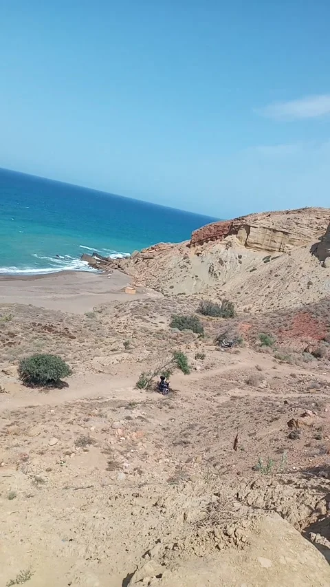 Desert Coastline with Sandy Beach and Rocky Cliffs Stock Footage 335480622