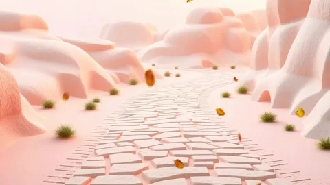 Desert Cracked Stone Path: A Winding Road with Autumn Leaves and Simple Greener Stock Footage 330319668