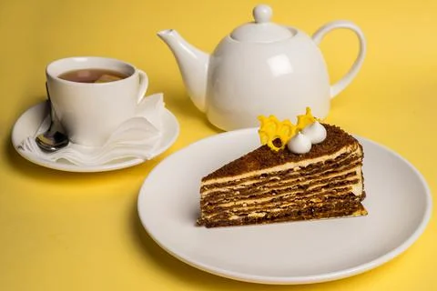 Desert with cup of black tea Stock Photos