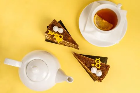 Desert with cup of black tea Stock Photos