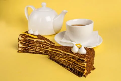 Desert with cup of black tea Stock Photos