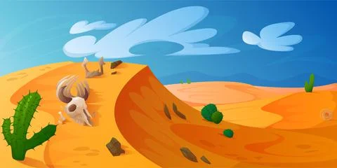 Desert dune with golden sand, animal skull, cacti Stock Illustration