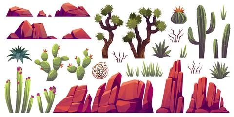 Desert elements. Cartoon stones of different shapes, plants of arid zones 스톡 일러스트