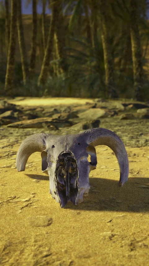 Desert environment featuring a ram skull amidst sandy terrain and vegetation Stock Footage 319024256