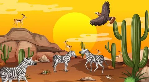 Desert forest landscape at sunset time scene with wild animals Stock Illustration
