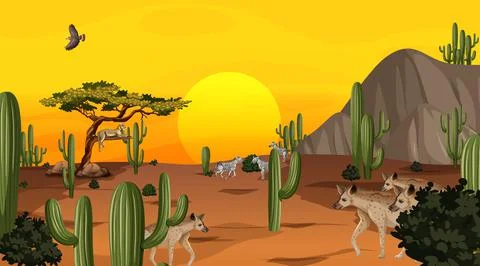 Desert forest landscape at sunset time scene with wild animals Stock Illustration