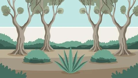 Desert Garden Trees Mediterranean Flat Design Illustration Stock Illustration