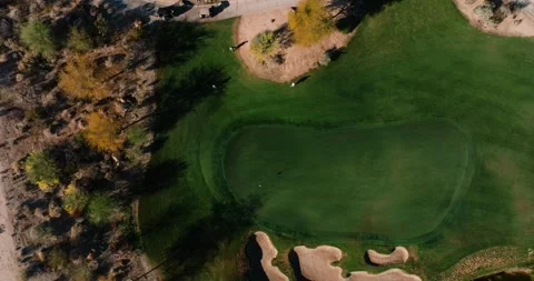 Desert Golf Course Putting Green Top Down Aerial Drone Bunker Manicured Stock Footage 334523914