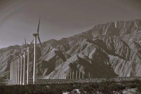 Desert Guardians: Monochrome Windmill Array Stock Photos