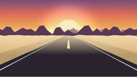 Desert highway at sunset with mountain backdrop. 2d animation Stock Footage 342388092