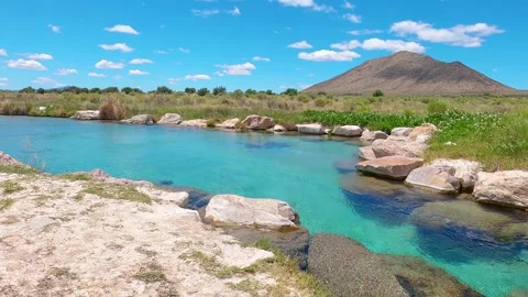 Desert Hot Spring Oasis: Deep Blue Nevada Natural Spring On Windy Day Stock Footage 146036926