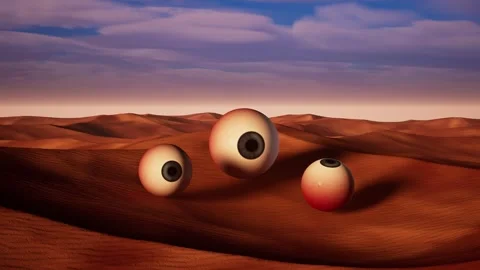 Desert Landscape Against Cloudy Sky With Floating Eyeballs Stock Footage 312916117