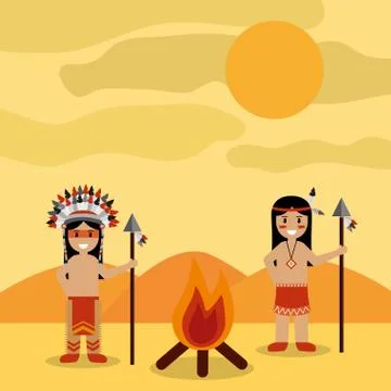Desert landscape and two native american indian with bonfire Stock Illustration