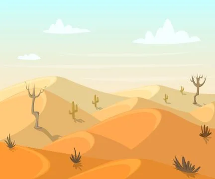 Desert landscape with cactuses and trees. Illustrazione stock