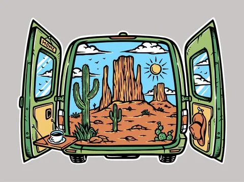 Desert landscape in the car Stock Illustration