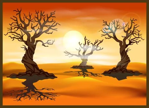 Desert landscape with dead trees Stock Illustration