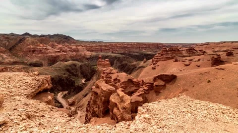 Desert Landscape with Eroded Rock Formations and Sedimentary Deposits Stock Footage 308282400