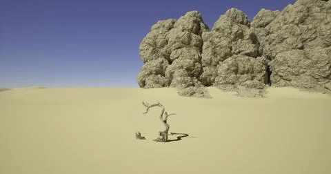 Desert landscape featuring a solitary tree next to rocky formations Stock Illustration