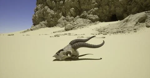 Desert landscape featuring a unique animal skull near rocky formations Stock Illustration