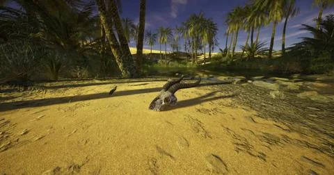 Desert landscape featuring a unique creature at the waters edge during daytim Stock Illustration