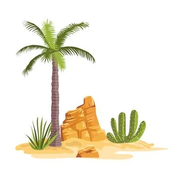 Desert landscape in flat design. Palm tree, green cactus and grass by rocks.. Stock Illustration