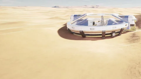 Desert landscape with a futuristic round structure in the background Stock Footage 344554900