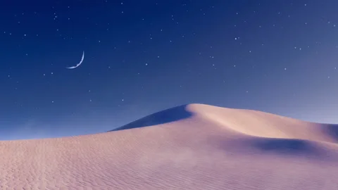 Desert landscape with half moon and stars in night sky 4K Vídeo Stock 156003093